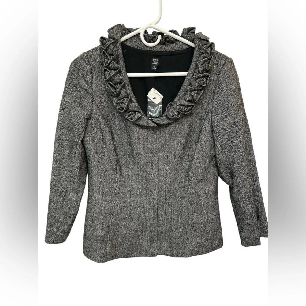 Saks Fifth Avenue Lux French Rosebud Chic Blazer Jacket Wool Woven Charcoal NWT